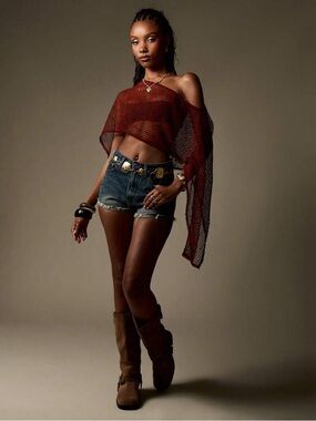 Missguided Rust Red Brown Sheer One-Shoulder Crop Top Sequin Boho Poncho